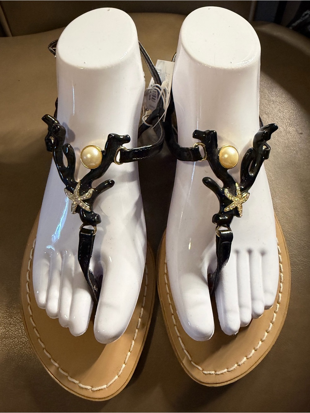 Black Coral-Embellished T-Strap Sandals with Pearl Accent